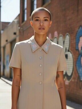 VTG Floral Embroidered Collar Button Down Shirt Dress. Connected Set. Vintage 18